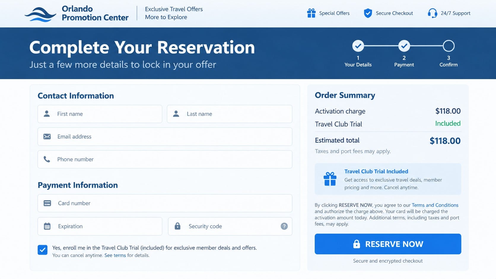 Orlando Promotion Center Free Cruise Scam: How This Costly Offer Works 2 Reconstructed Orlando Promotion Center checkout with a travel club trial and extra-fee warning