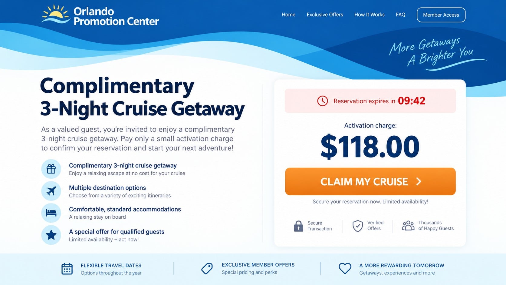 Orlando Promotion Center Free Cruise Scam: How This Costly Offer Works 1 Reconstructed Orlando Promotion Center free cruise offer showing a $118 activation charge
