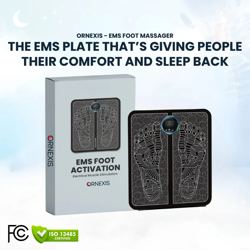 Ornexis EMS Foot Massager product page showing comfort claims and limited stock messaging
