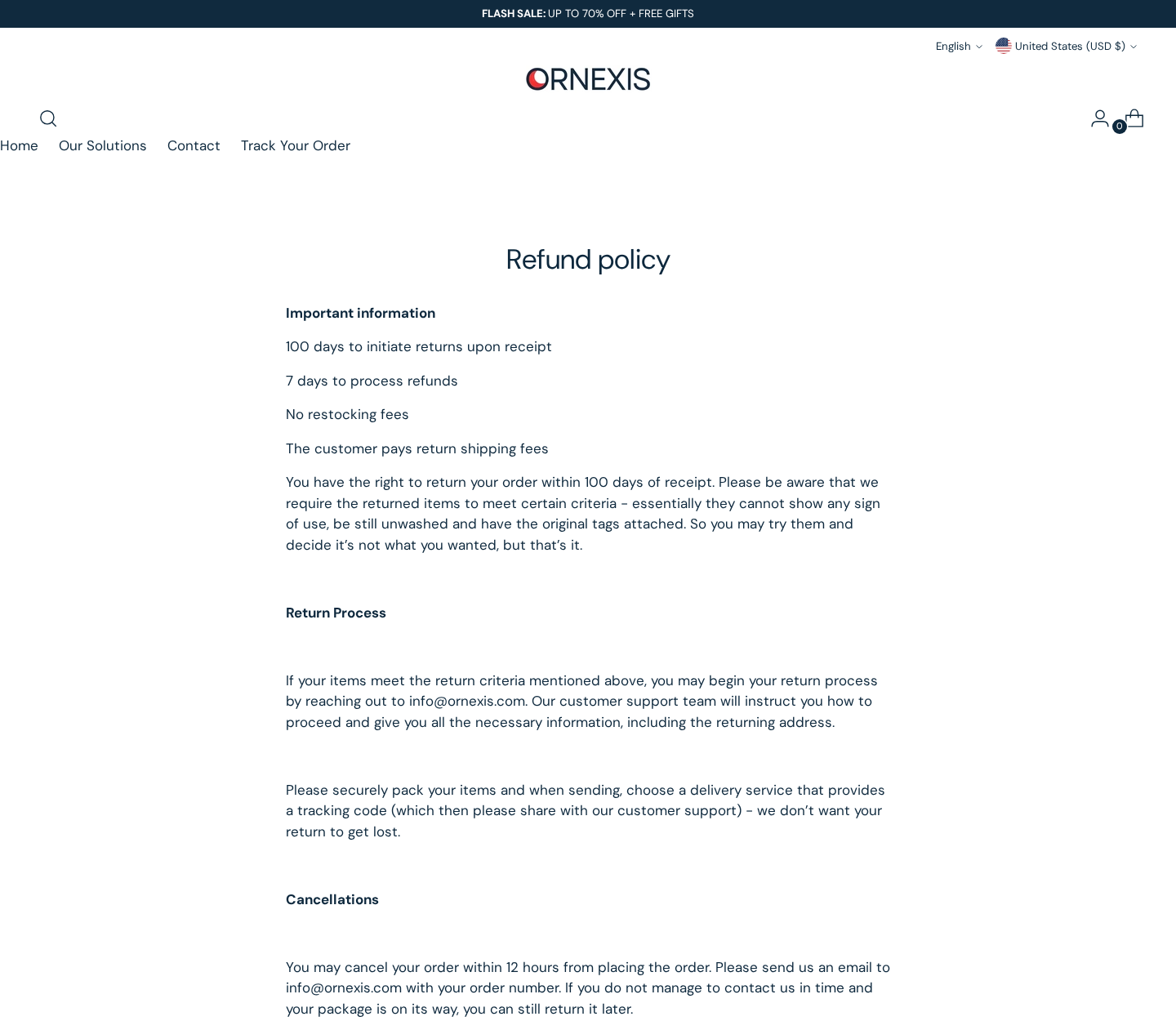 Ornexis refund policy showing the 100-day window and unused product requirement