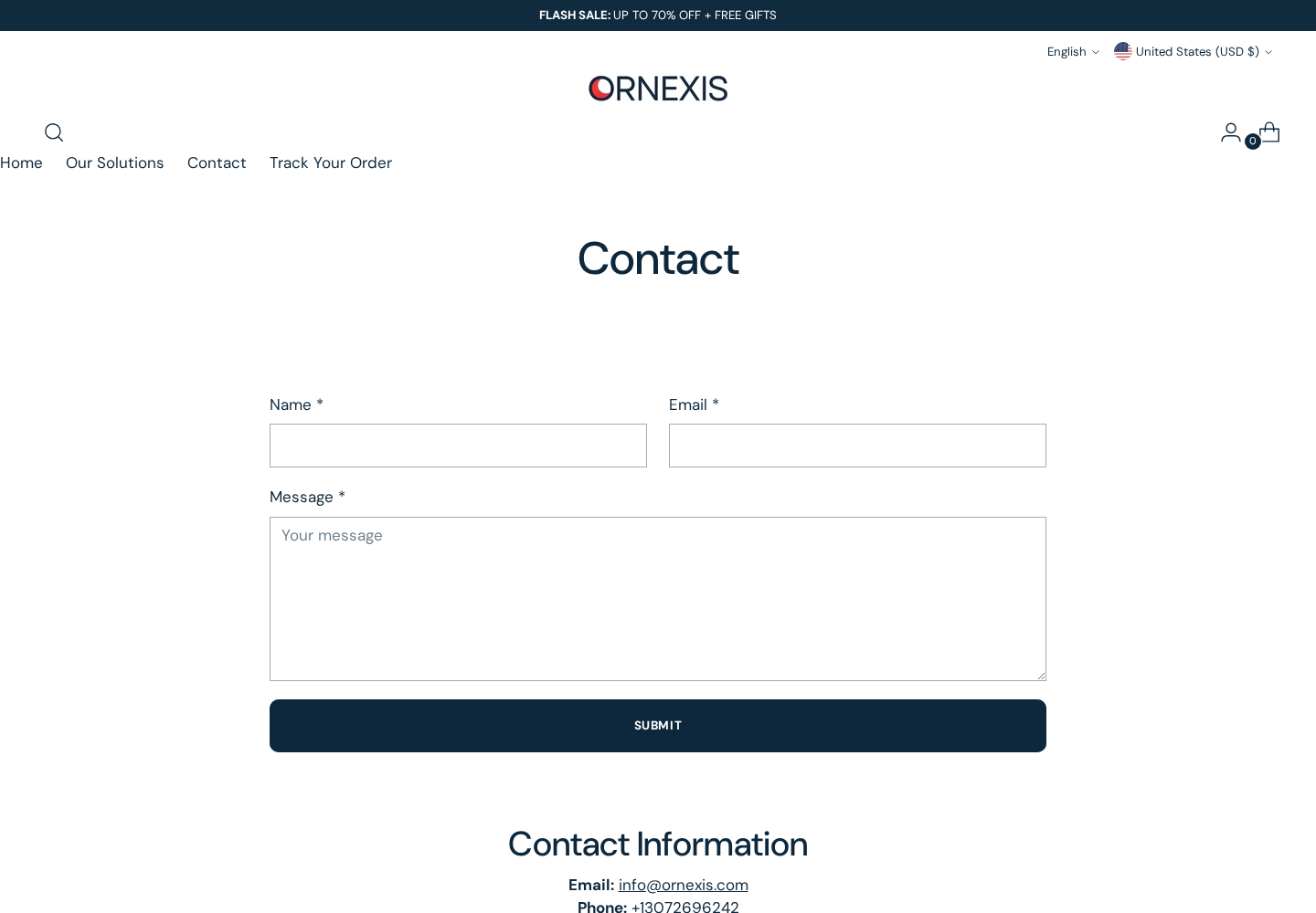 Ornexis contact page showing its email address phone number and support information