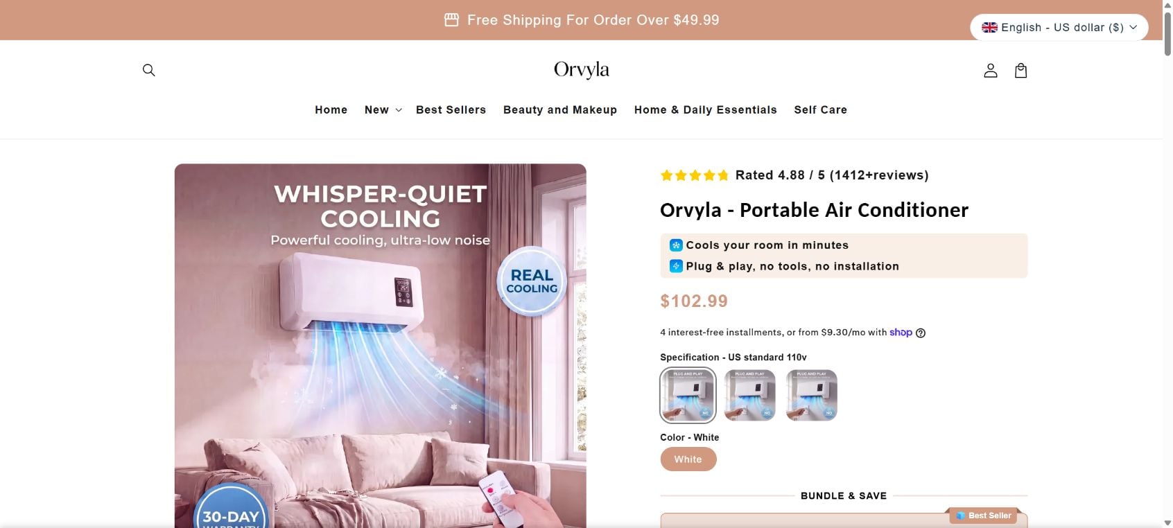 Orvyla Portable Air Conditioner Scam Exposed: Fake Cooling or Real AC? 1 Orvyla Portable Air Conditioner product page showing the $102.99 price and plug-and-play cooling claims
