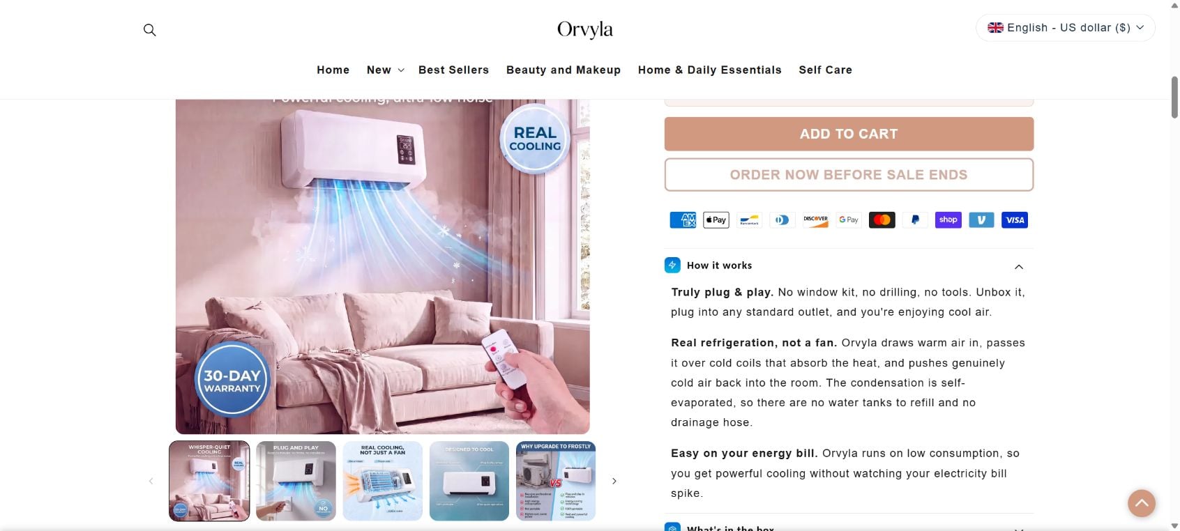 Orvyla Portable Air Conditioner Scam Exposed: Fake Cooling or Real AC? 2 Orvyla Portable Air Conditioner page claiming real refrigeration without a window kit, drain, or hose