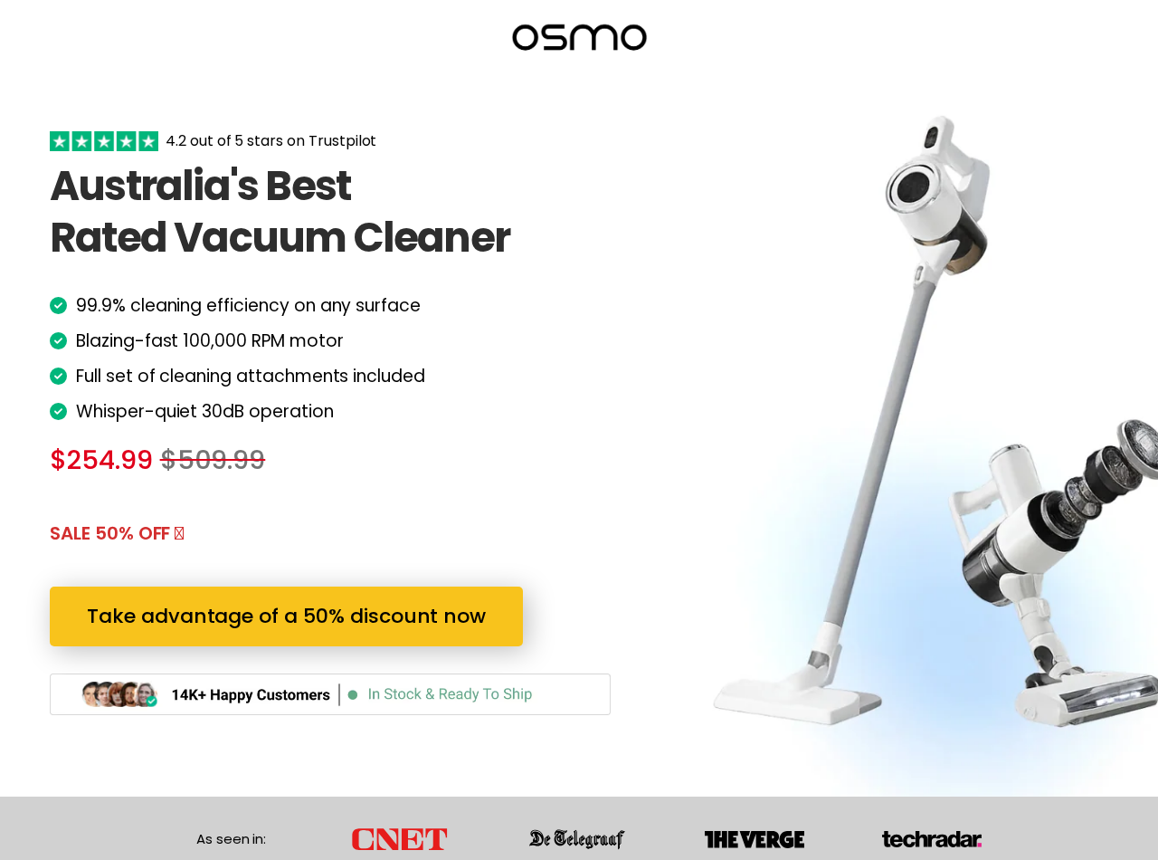 Screenshot of an Osmo ProVacuum sales page displaying product claims, a discount, and a price