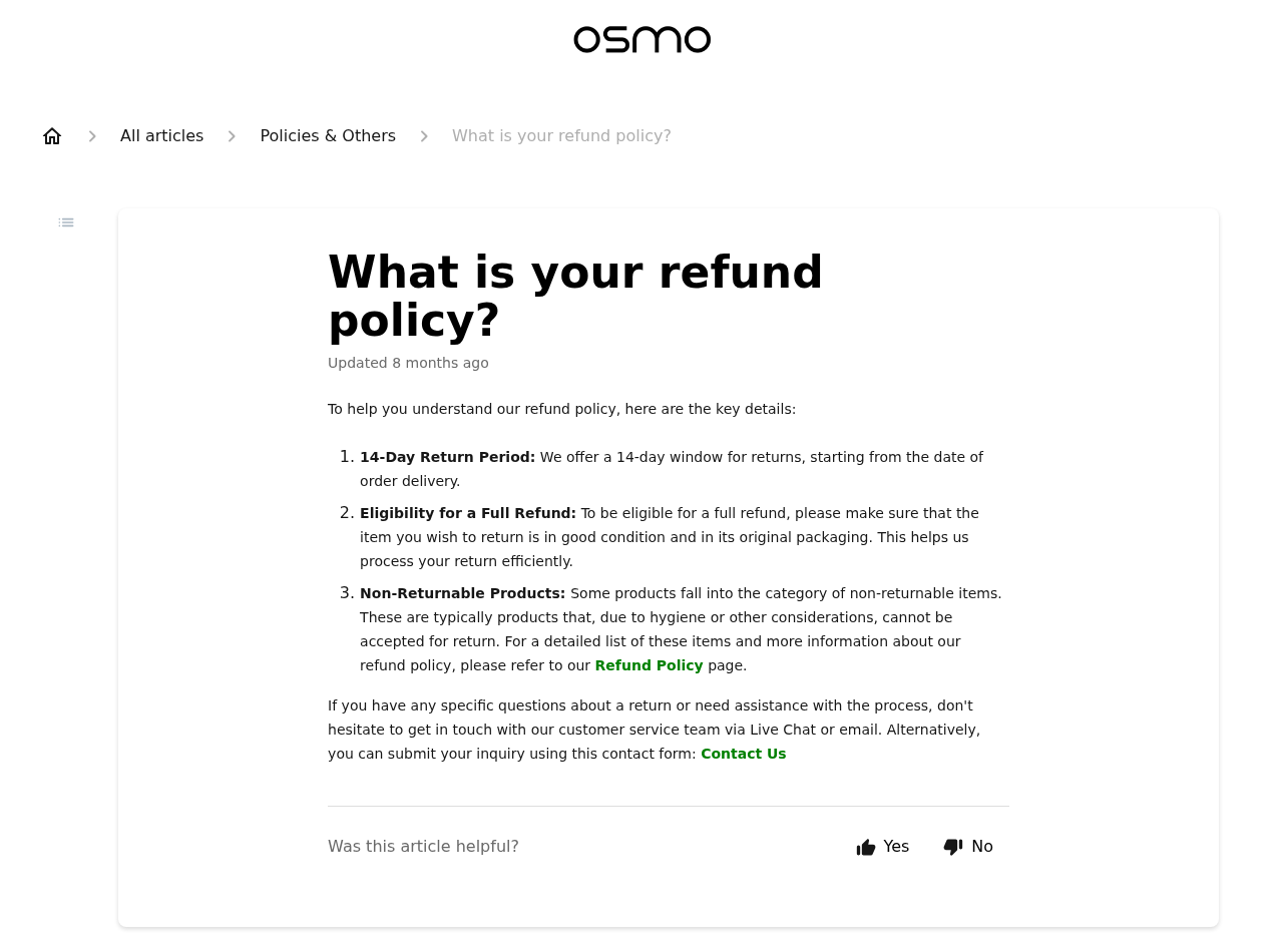 Screenshot of the Osmo help center refund policy describing a 14-day return window