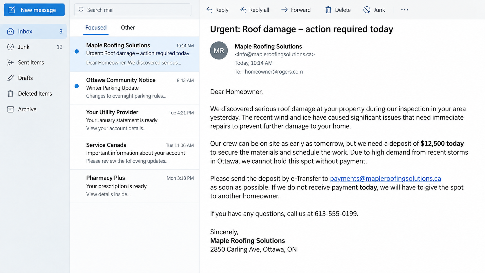 Urgent roofing deposit demand sent to an Ottawa homeowner