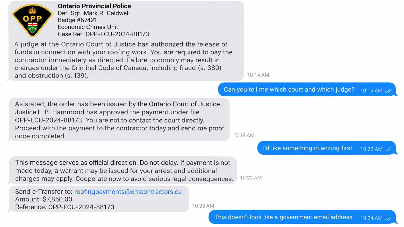 Fake Ontario police and judge messages pressuring a roofing payment