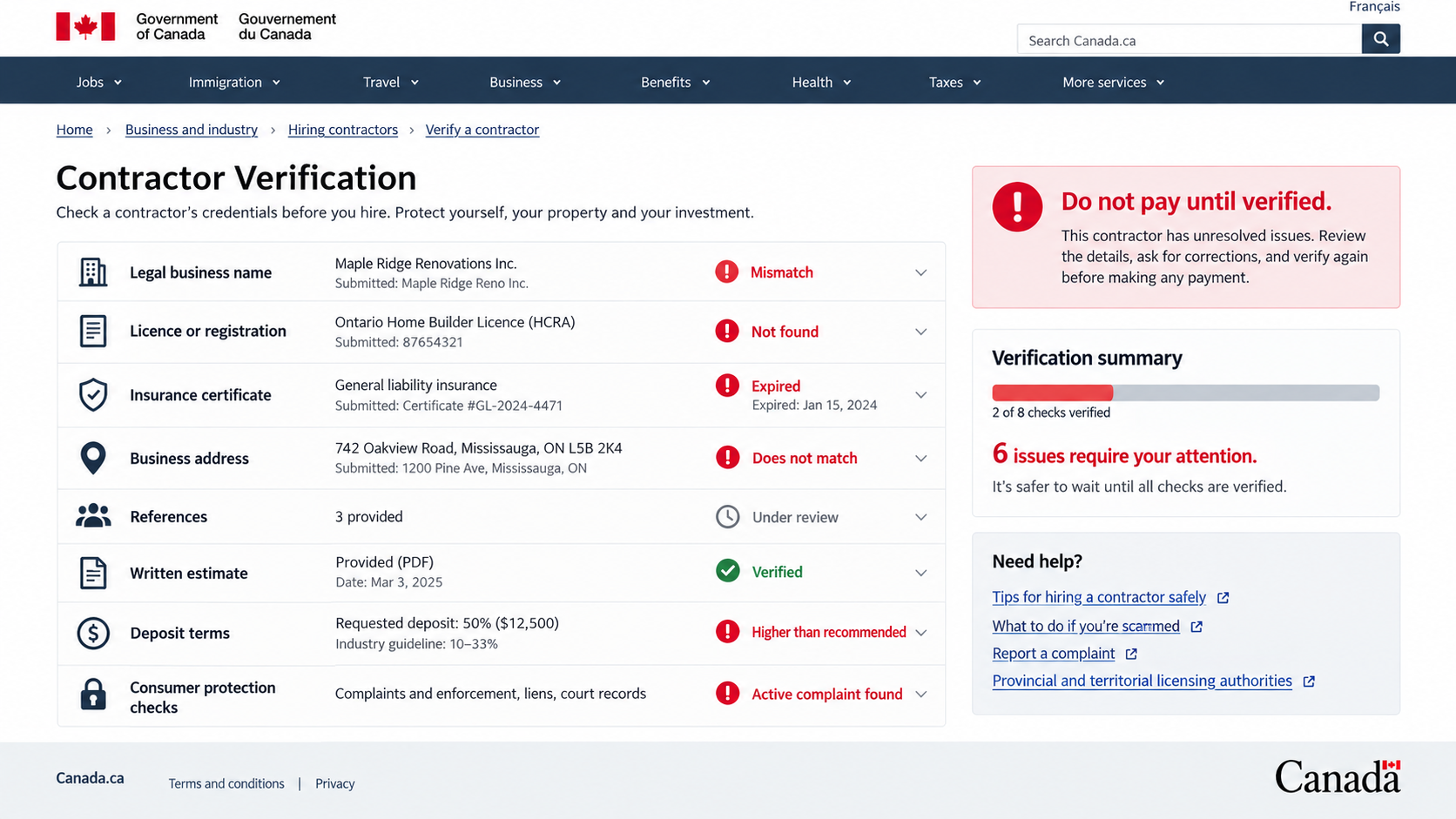 Contractor verification screen showing business, licence, address, insurance, and deposit mismatches