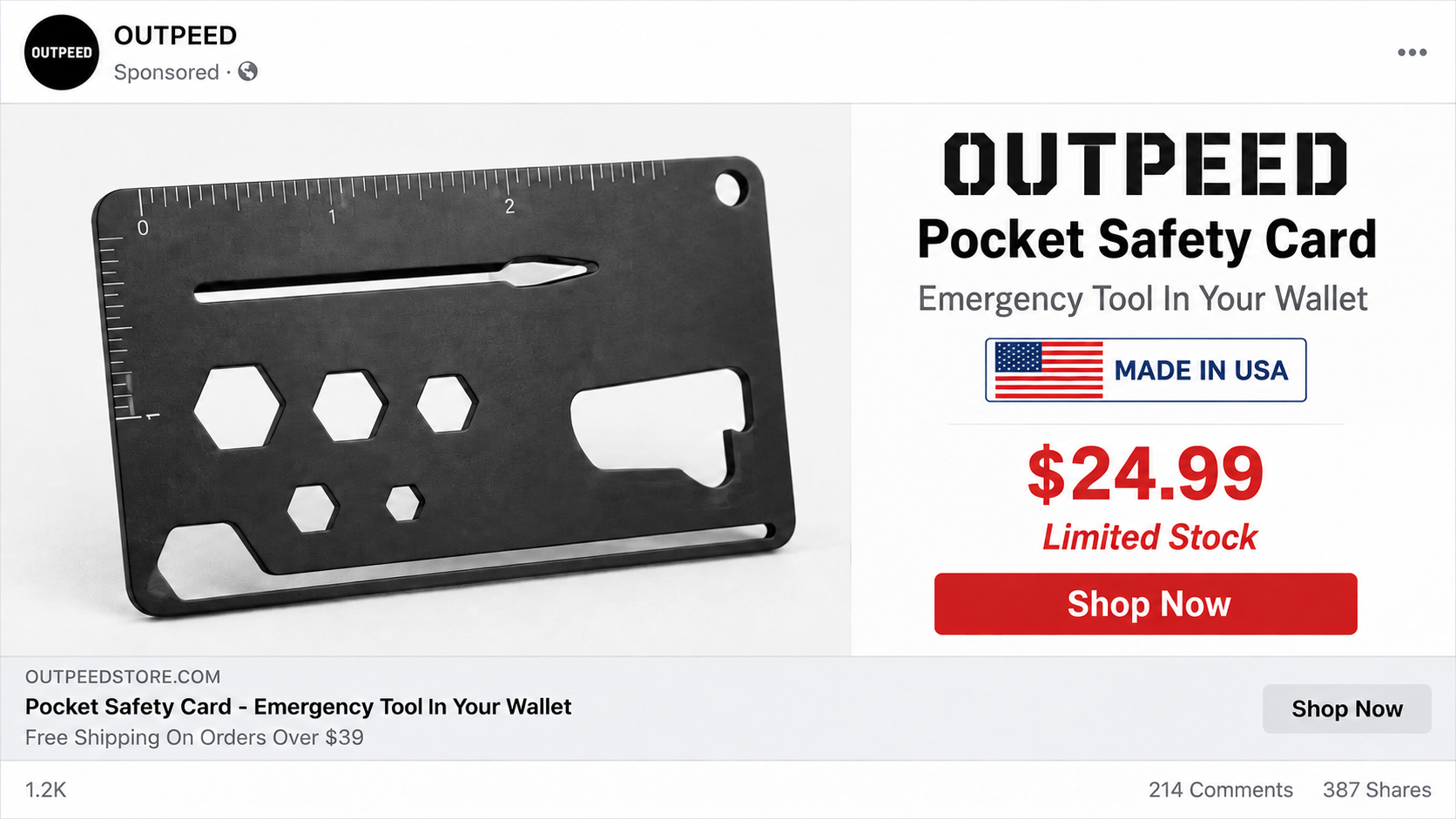 Social media advertisement for the Outpeed Pocket Safety Card emergency tool