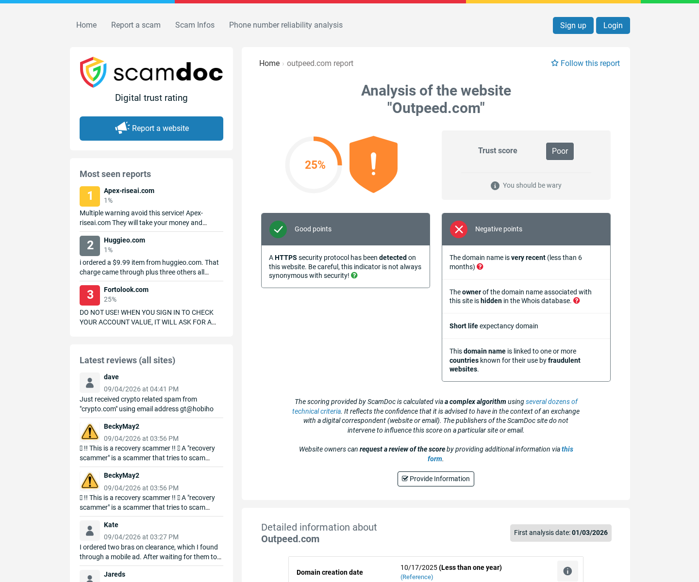 Domain reputation report showing a low trust assessment for the Outpeed website