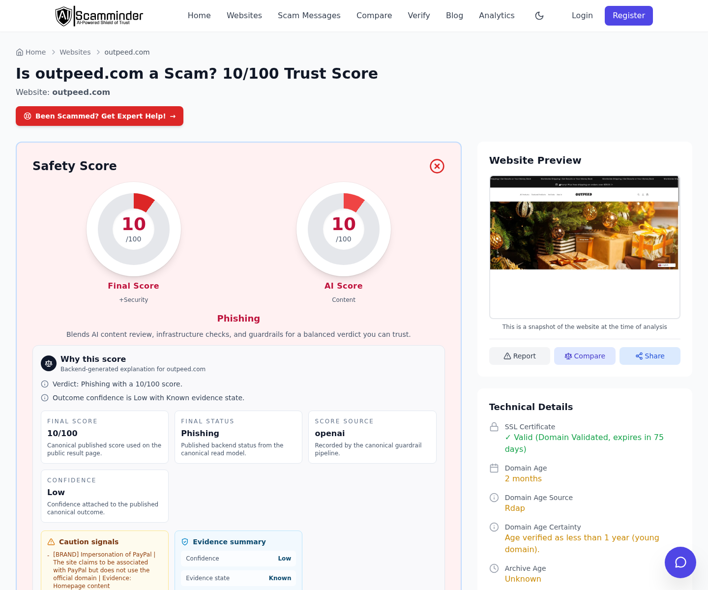 Website safety report showing the Outpeed domain associated with unrelated products and a low score