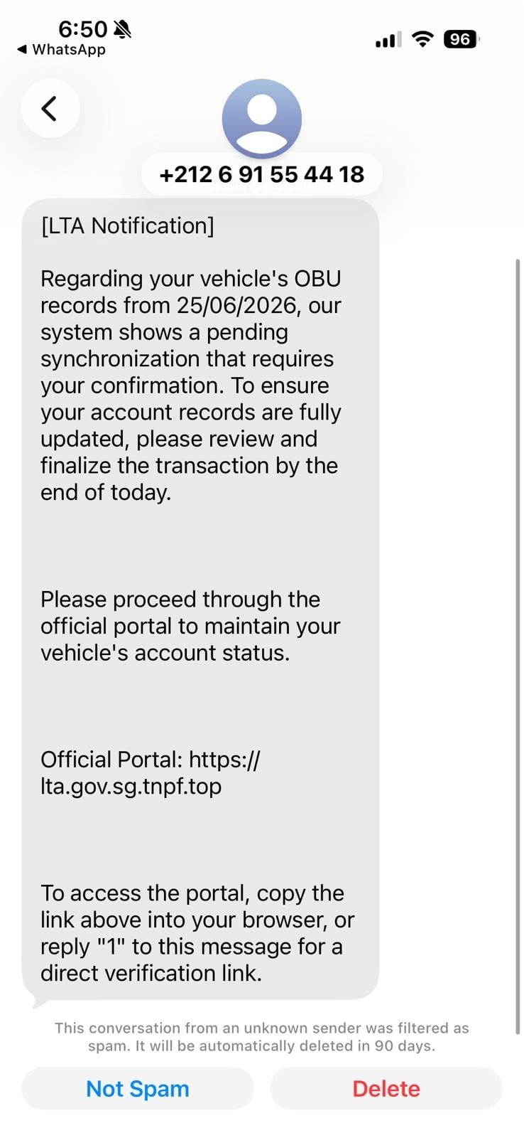 Outsider Phishing Kit Built 100,000 Fake Pages to Steal Cards and Codes 1 Authentic screenshot of an LTA-impersonating text used in the Outsider phishing campaign