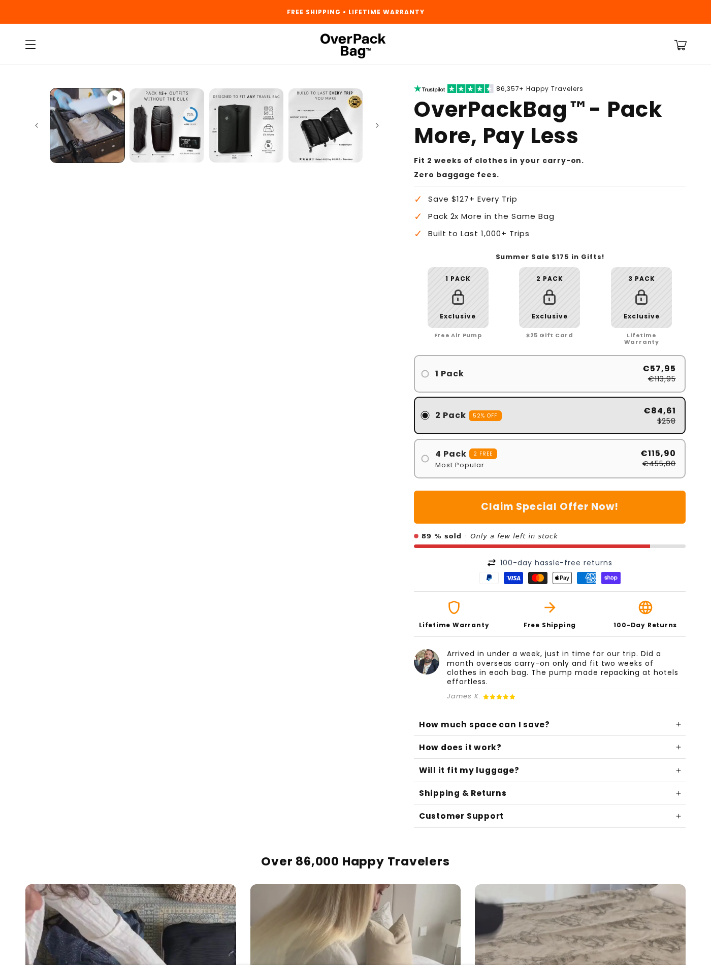 OverPack Bag Review: Warranty Claims, Shipping and Refund Risks Checked 1 OverPack Bag sales page showing compression claims, bundle prices, urgency, warranty, and 100-day return messaging