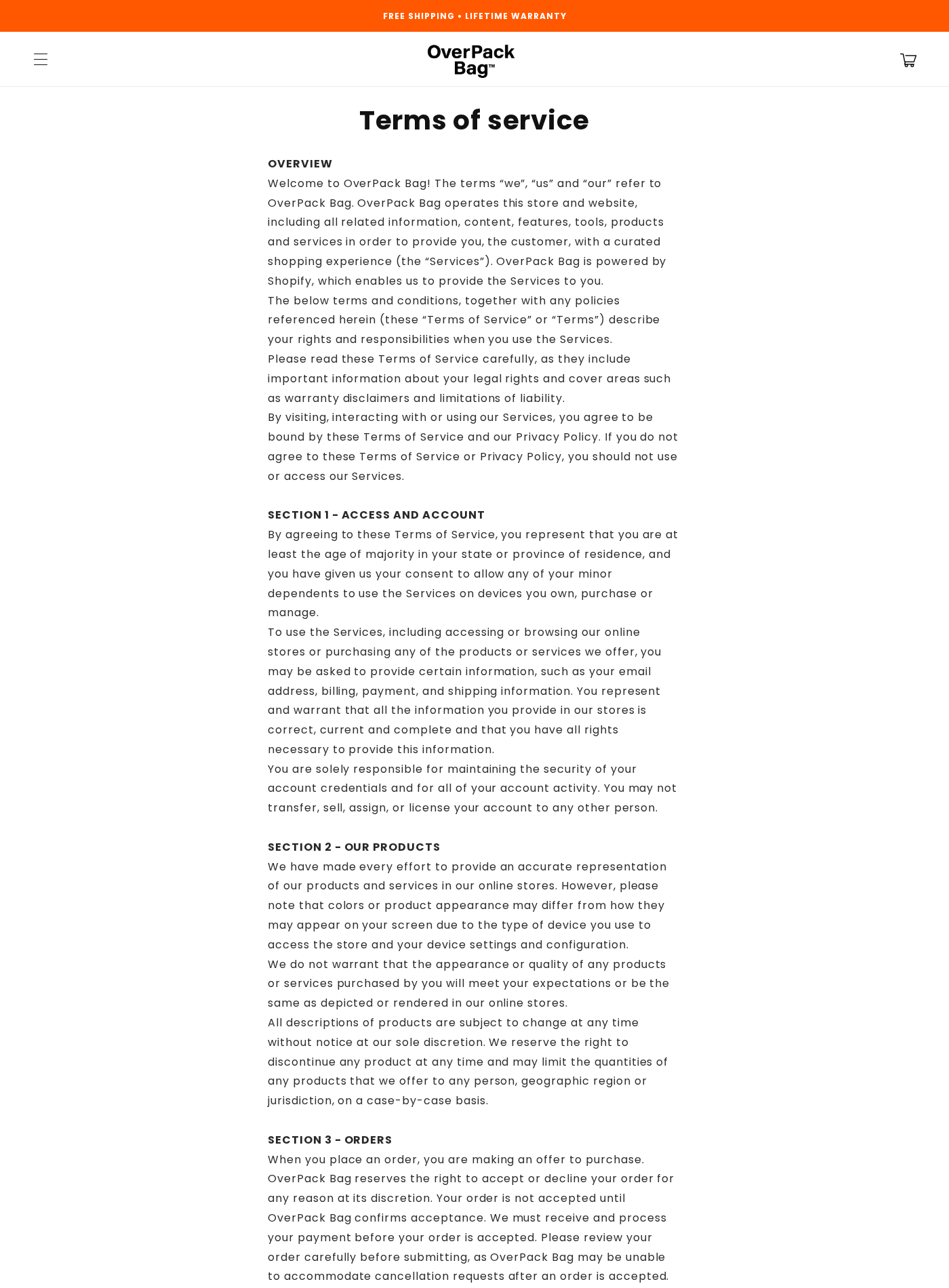OverPack Bag Review: Warranty Claims, Shipping and Refund Risks Checked 2 OverPack Bag terms page explaining orders, product representations, cancellation limits, and policy references