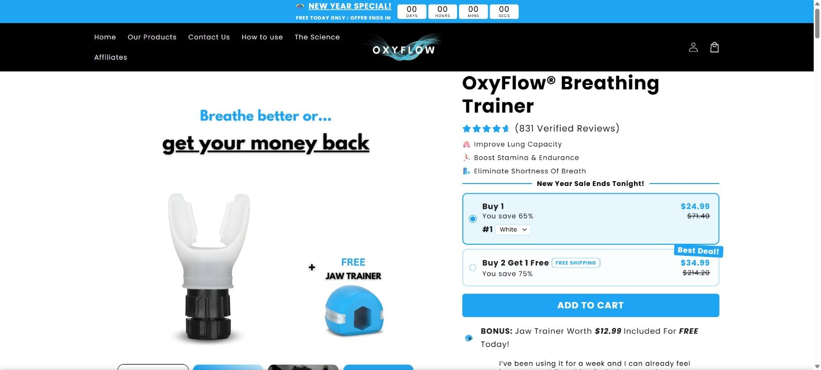 OxyFlow Breathing Trainer Review: Claims, Returns and Red Flags Exposed 1 OxyFlow Breathing Trainer product page showing health claims, review count, pricing, and bundle offer