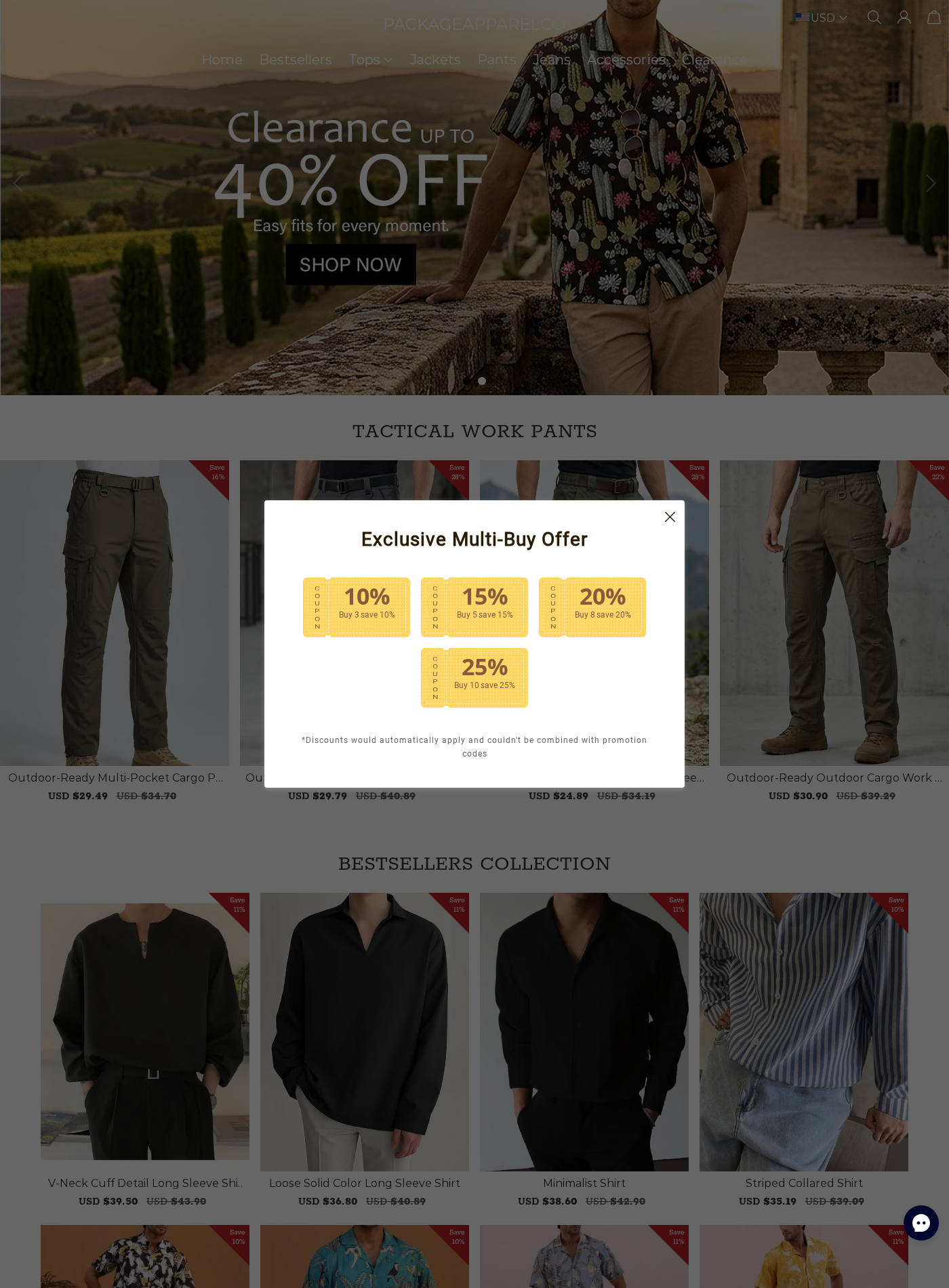 PackageApparelCo homepage covered by a multi-buy discount popup offering up to 25% off