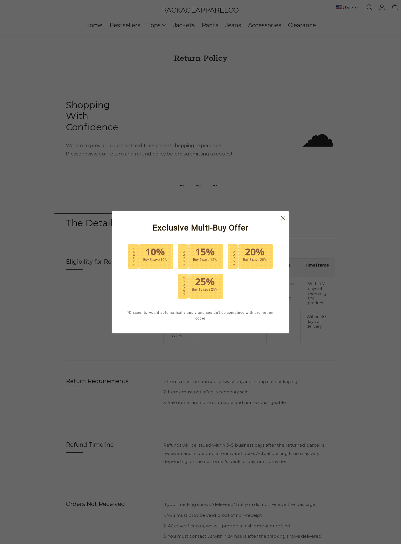 PackageApparelCo return policy obscured by a recurring multi-buy offer popup