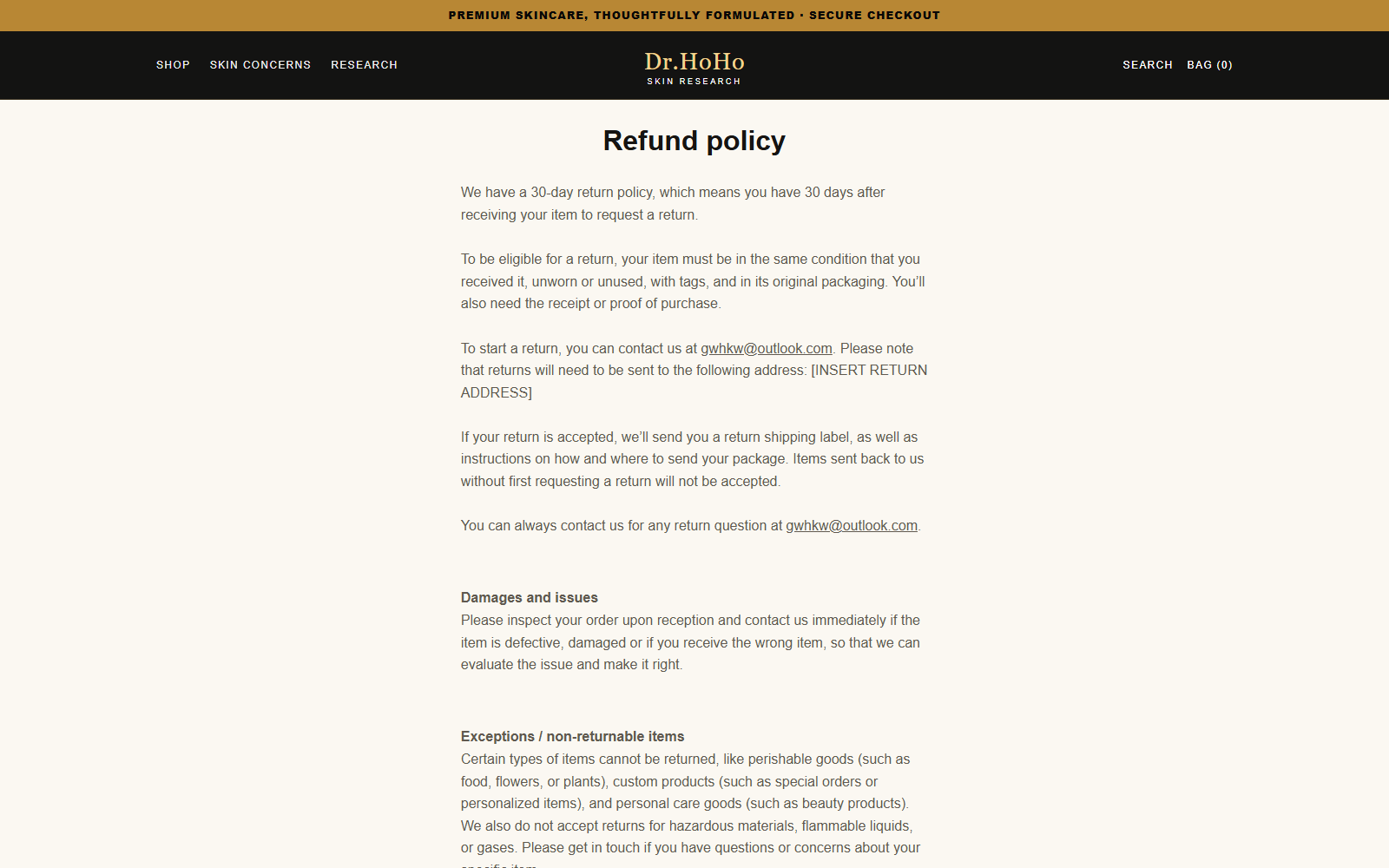 Padoro Serum Reviews: Red Flags Before You Buy 3 Dr HoHo refund policy showing an unfinished return address and Outlook contact email