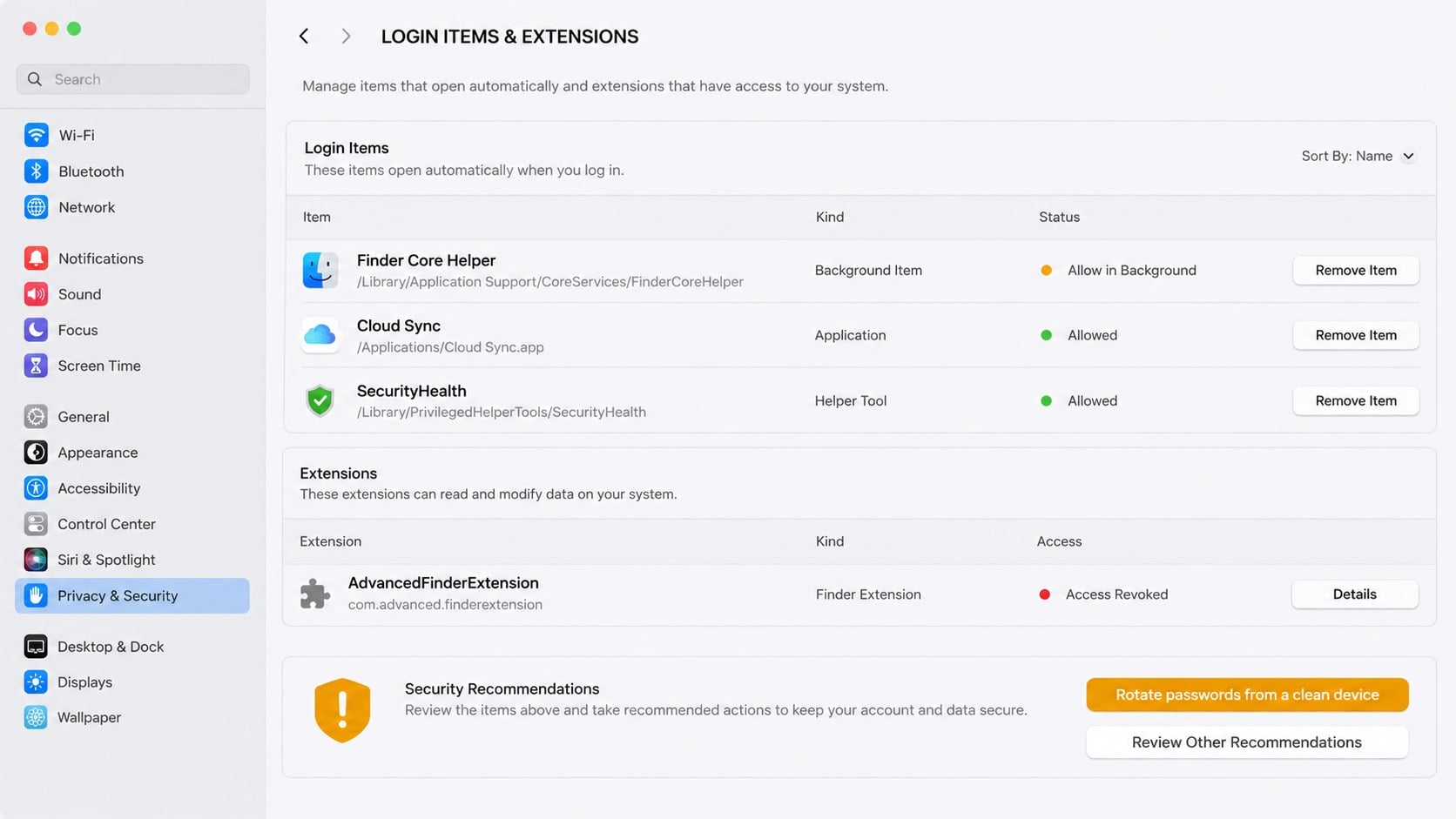 macOS login items review showing an unfamiliar background helper after malware infection