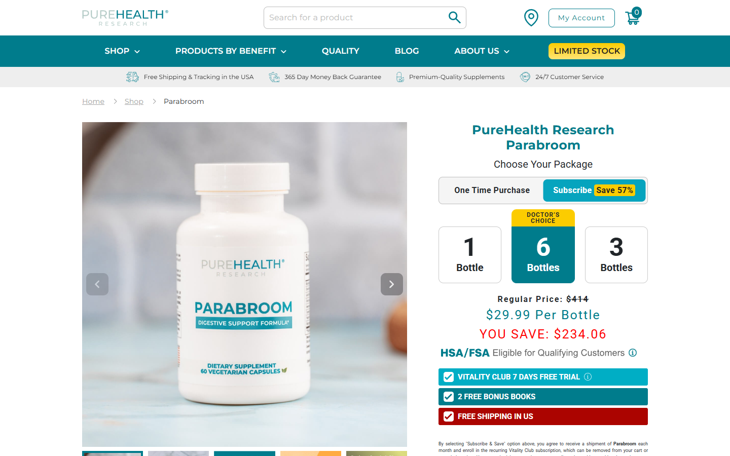 Screenshot of the Parabroom product page showing the subscription selector and six-bottle offer