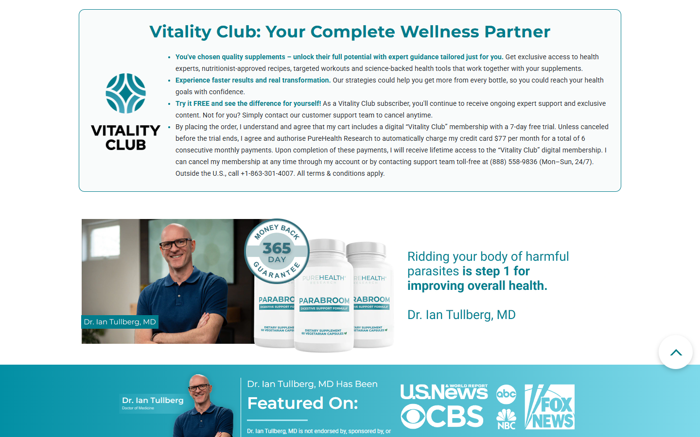 Screenshot of Parabroom Vitality Club language describing the seven-day trial and $77 monthly charge