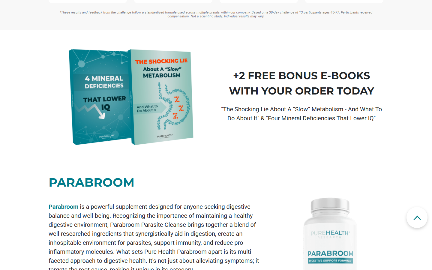 Screenshot of Parabroom sales material displaying supplement claims and a 365-day guarantee