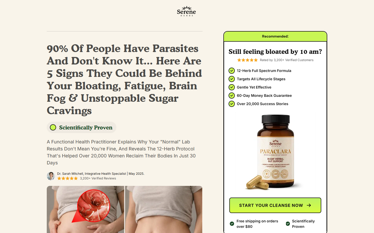 Paraclara Parasite Cleanse Review: Big Health Claims and Auto-Refill Terms 1 Screenshot of Paraclara advertorial claiming that 90% of people have parasites