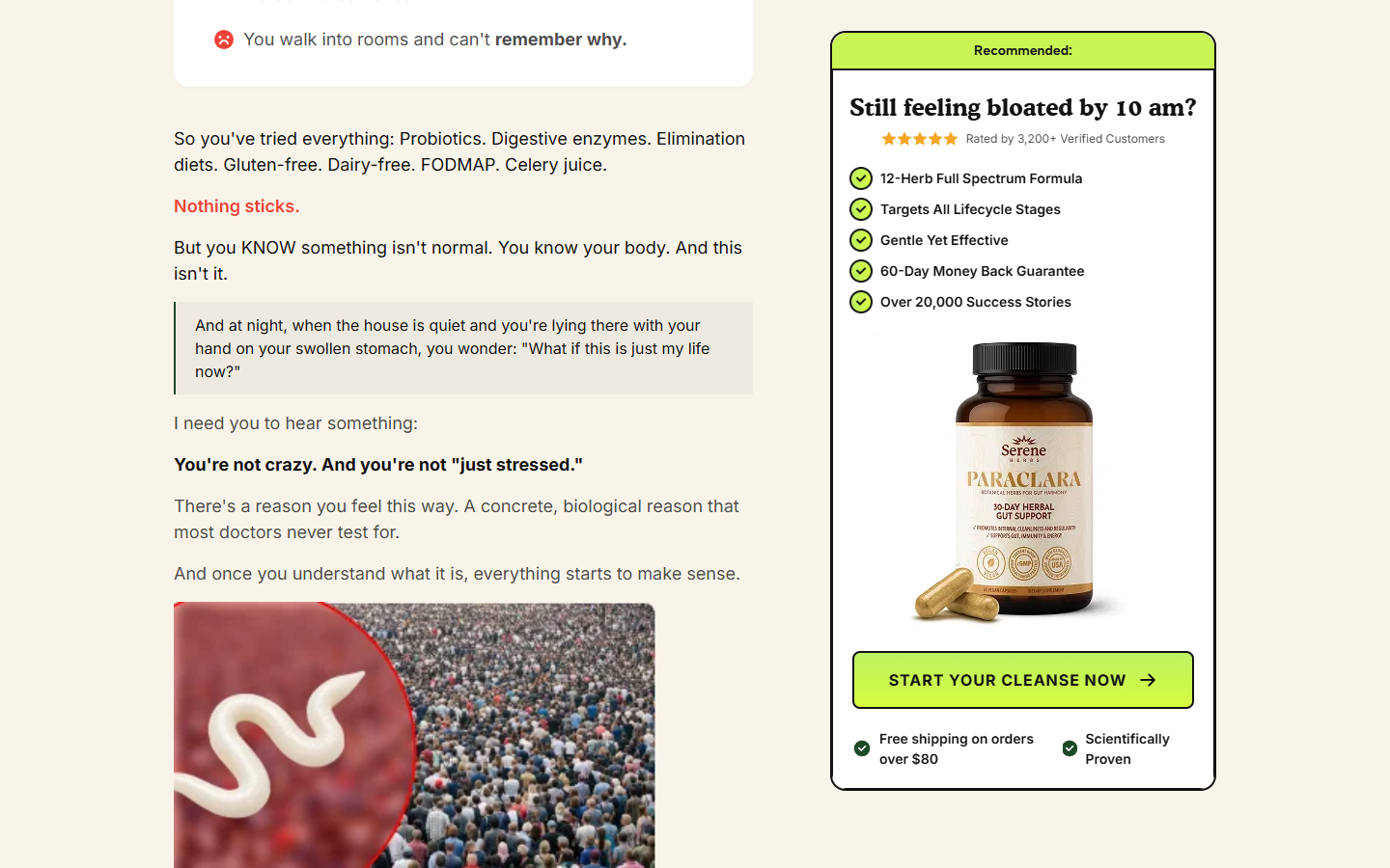 Paraclara Parasite Cleanse Review: Big Health Claims and Auto-Refill Terms 2 Screenshot of Paraclara advertorial using personal illness narrative and parasite imagery