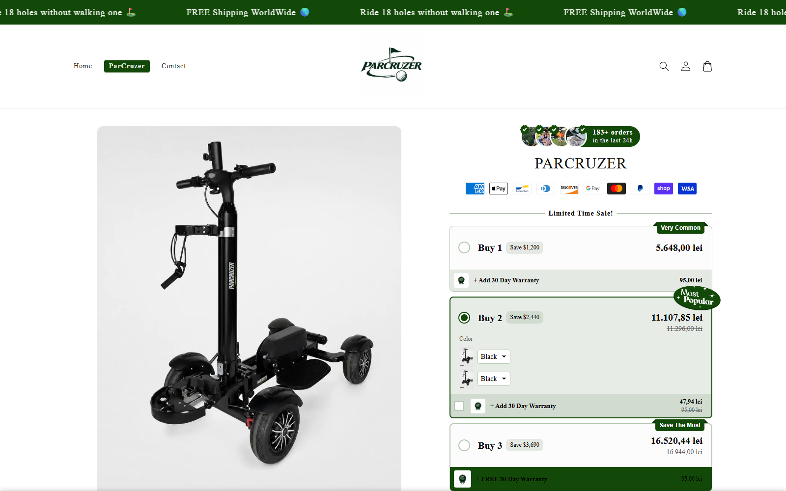 ParCruzer.store Reviews: Golf Cart Scam Exposed 1 ParCruzer storefront showing the electric golf scooter and bundle choices