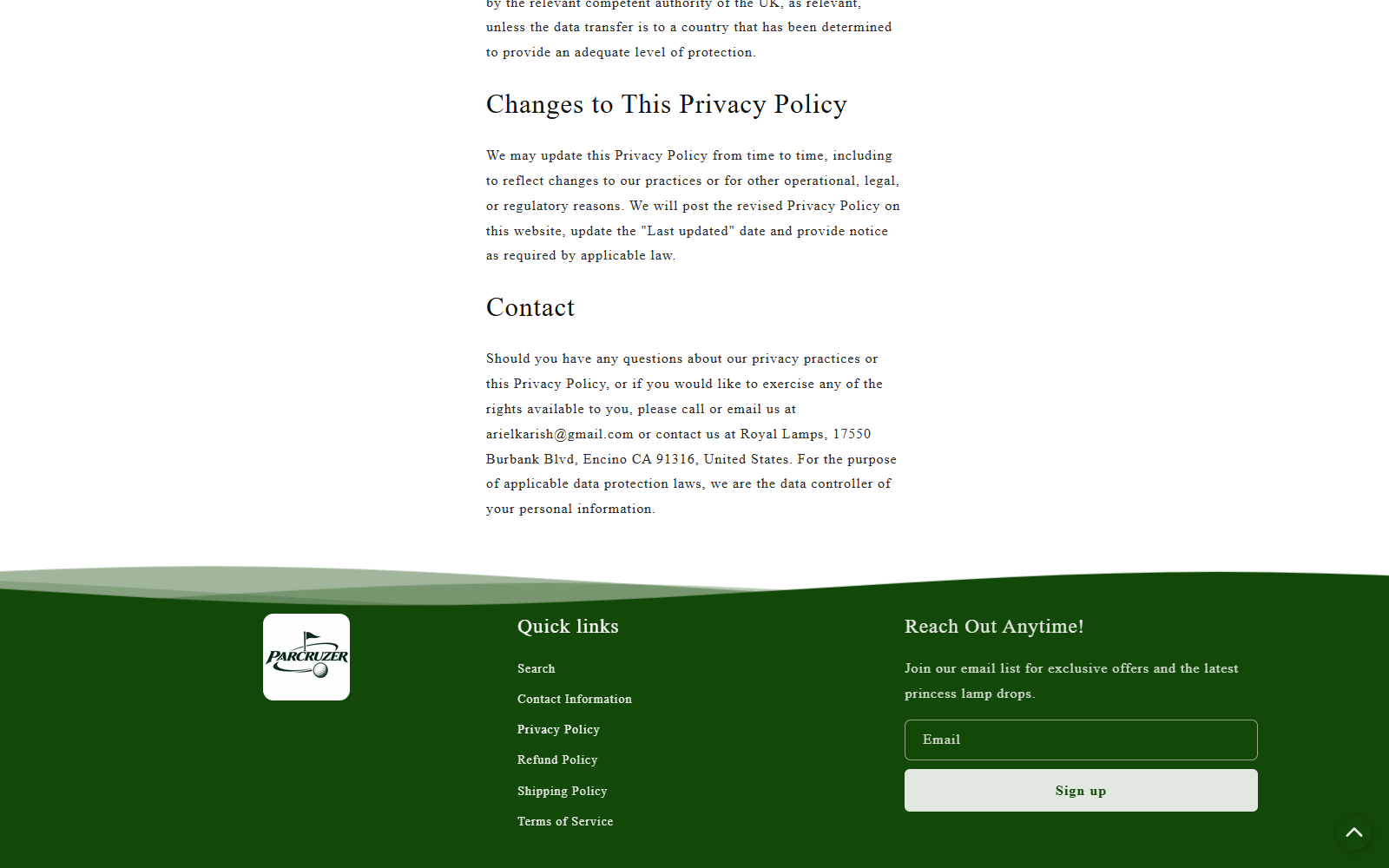 ParCruzer.store Reviews: Golf Cart Scam Exposed 2 ParCruzer privacy policy displaying Royal Lamps and a California address