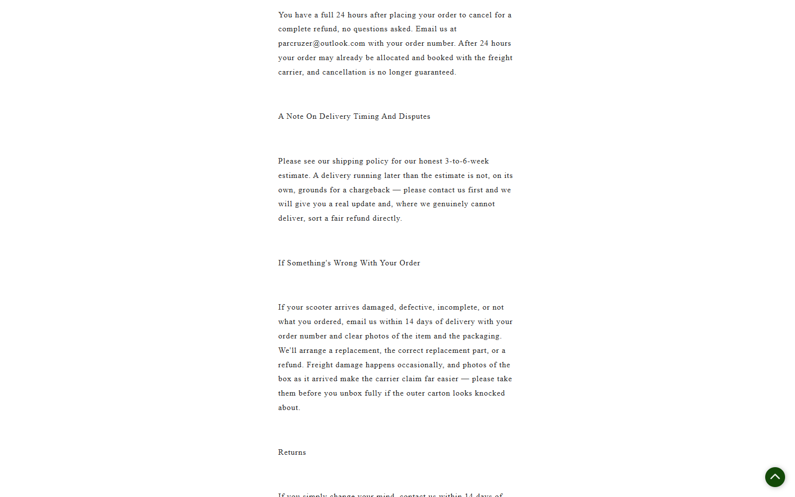 ParCruzer.store Reviews: Golf Cart Scam Exposed 3 ParCruzer refund policy explaining cancellation timing and long freight delivery