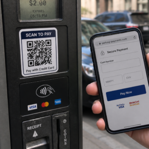 Realistic reconstruction of a fake QR code sticker on a parking meter leading to a card phishing page