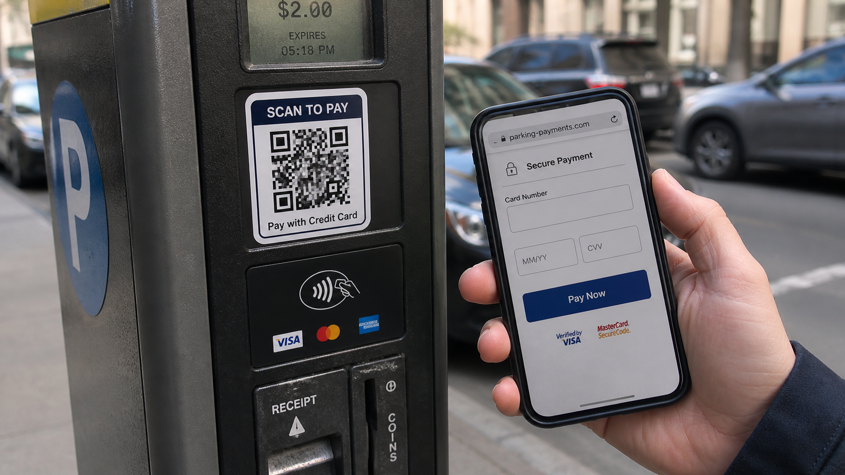 Realistic reconstruction of a fake QR code sticker on a parking meter leading to a card phishing page