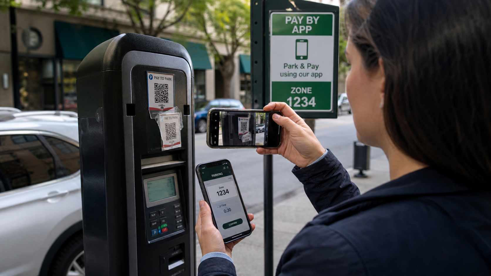 Driver photographing a tampered parking meter and using an independently installed official parking app