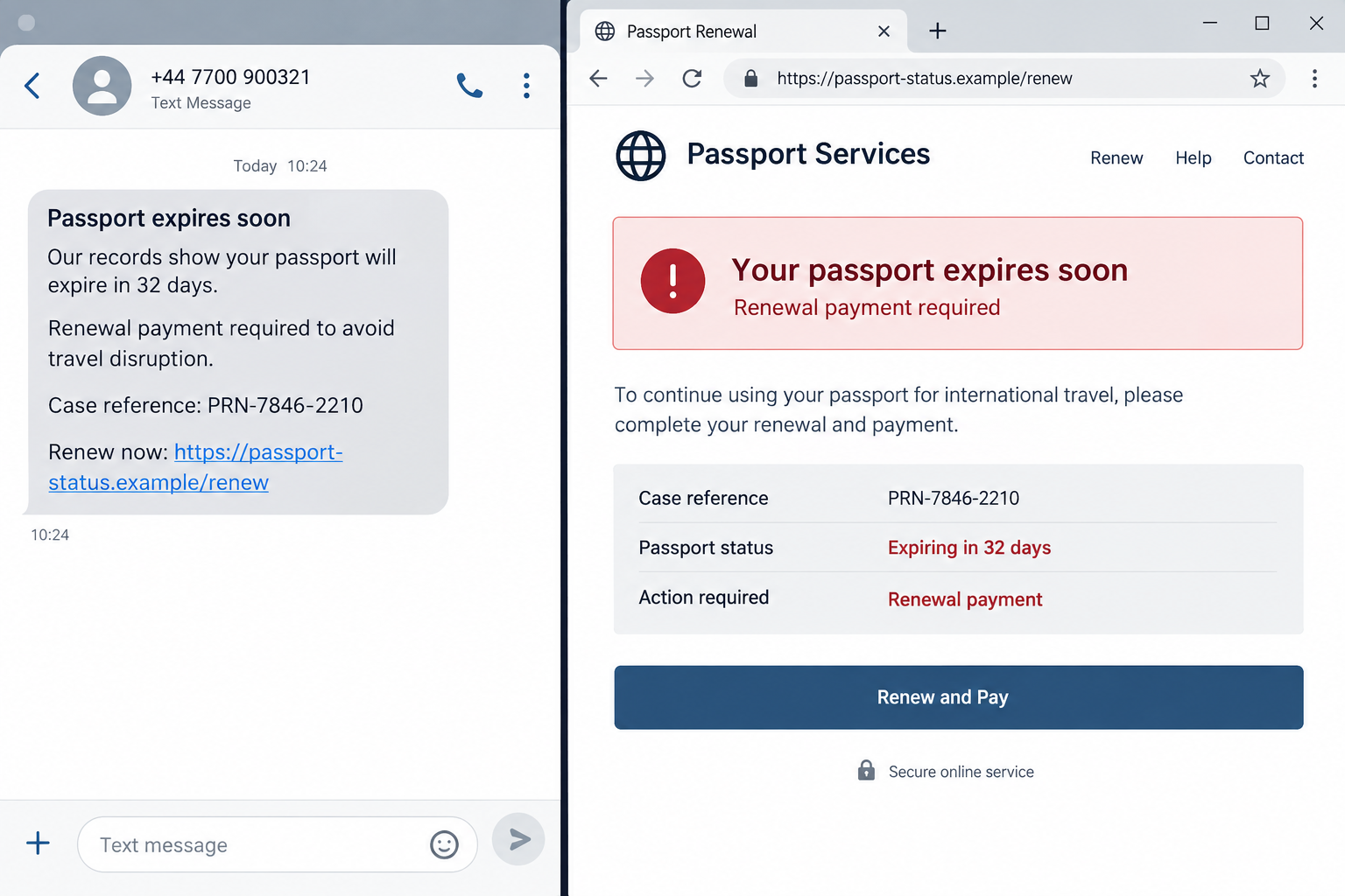 Fake Passport Renewal Call Scam Demands Payment 1 Fictional text message and website used in a passport renewal payment scam