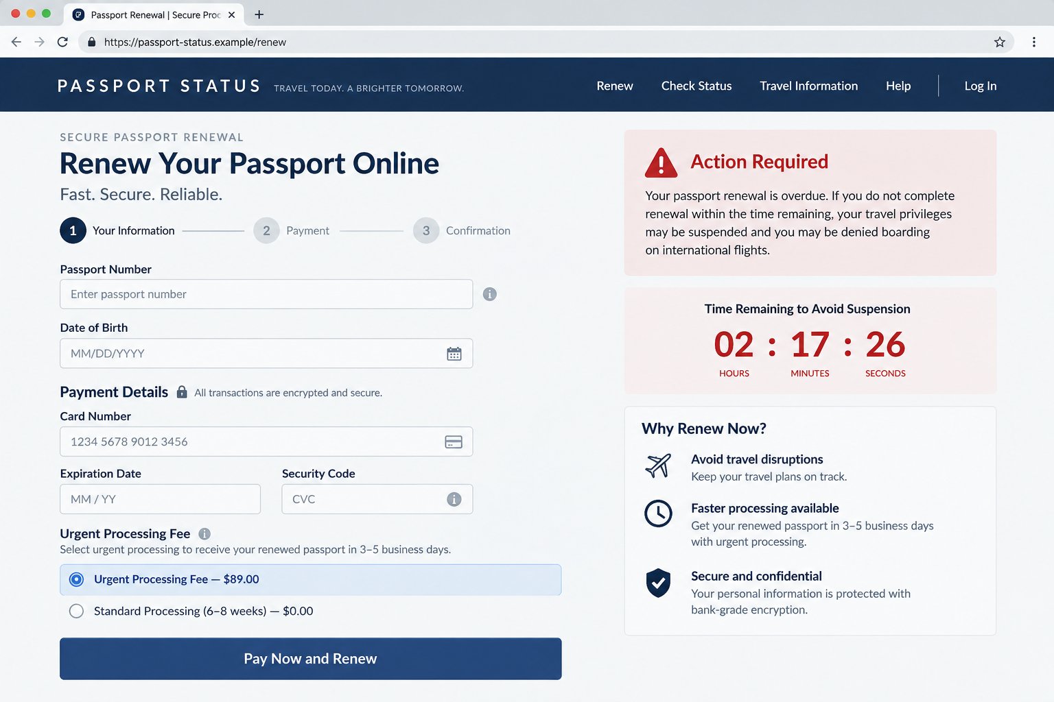 Fake Passport Renewal Call Scam Demands Payment 2 Fictional urgent passport renewal form requesting identity and payment card details