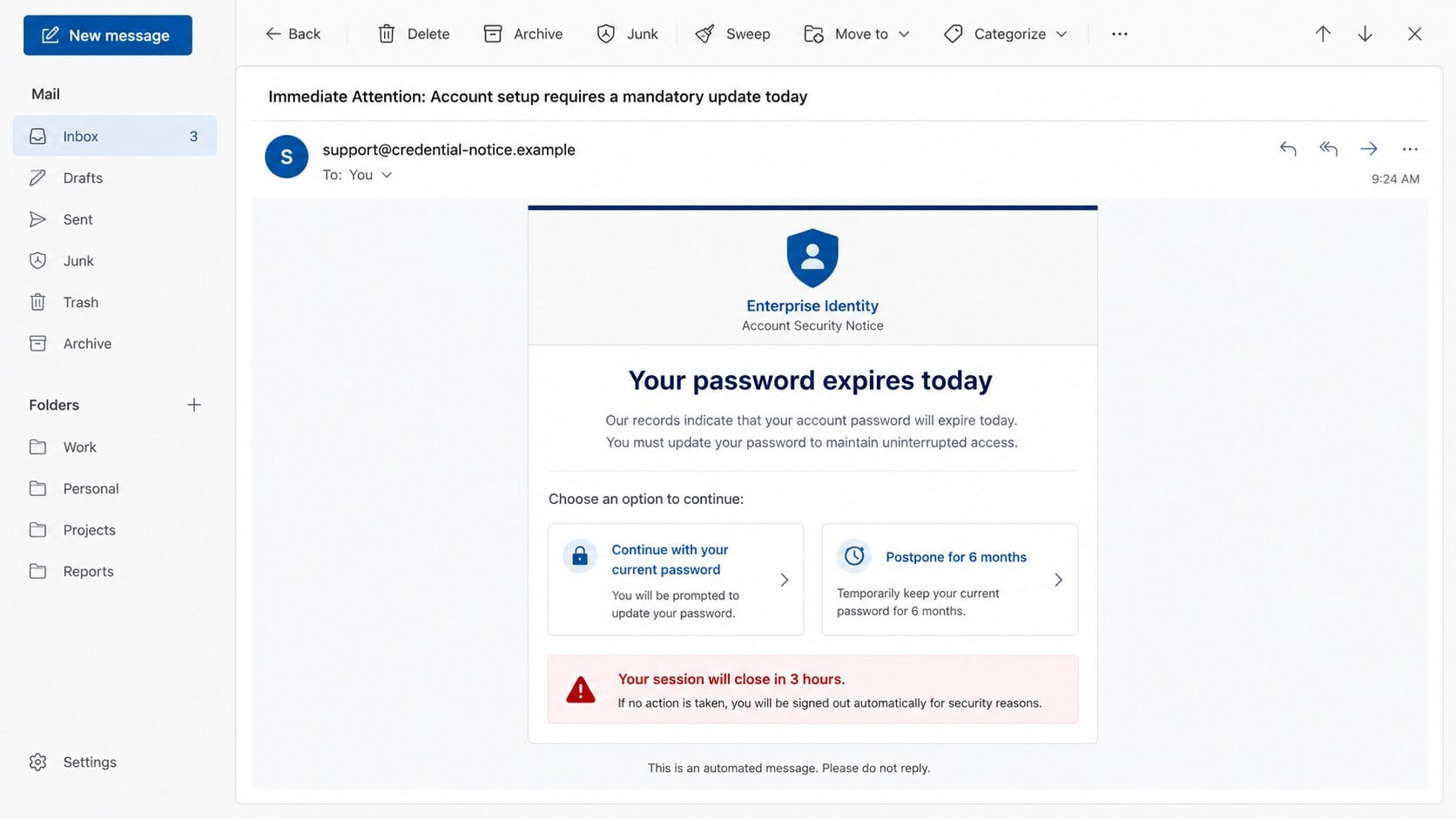 Your Password Expires Today phishing email warning about a three-hour deadline
