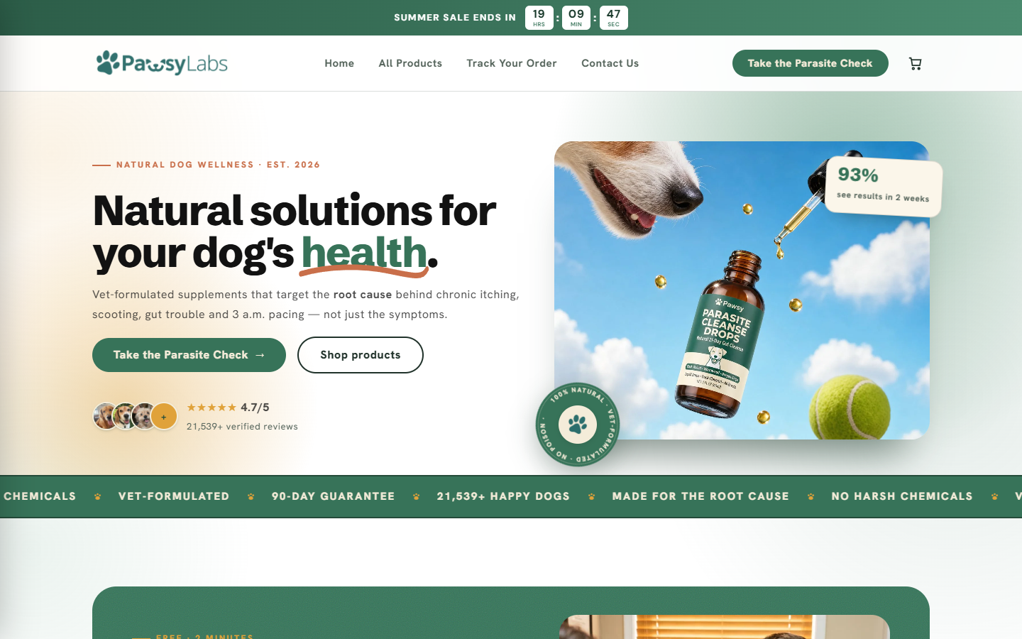 Screenshot of PawsyLabs website marketing parasite cleanse drops for dogs with itching and digestive symptoms