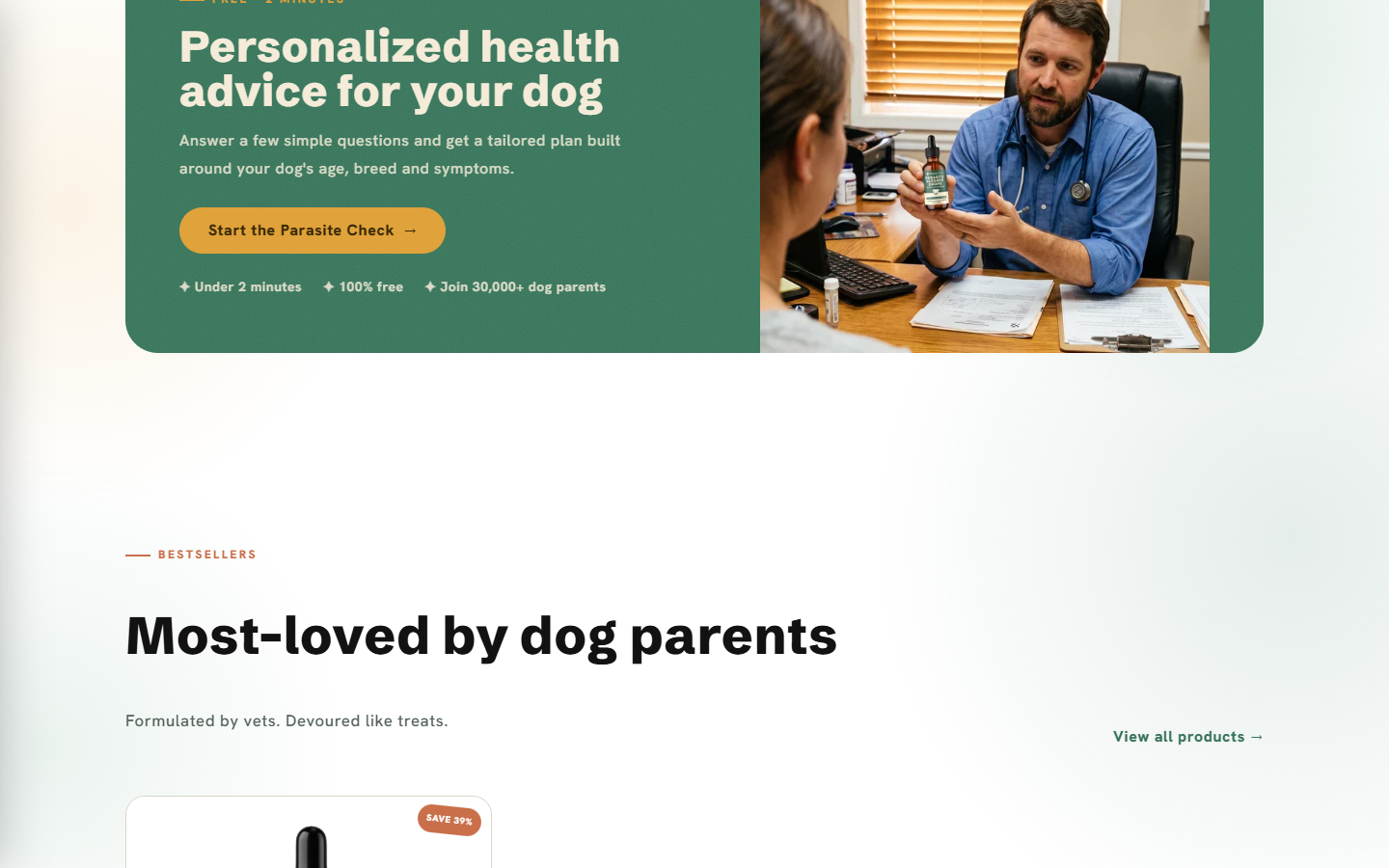Screenshot of PawsyLabs parasite check section presenting a personalized dog health quiz