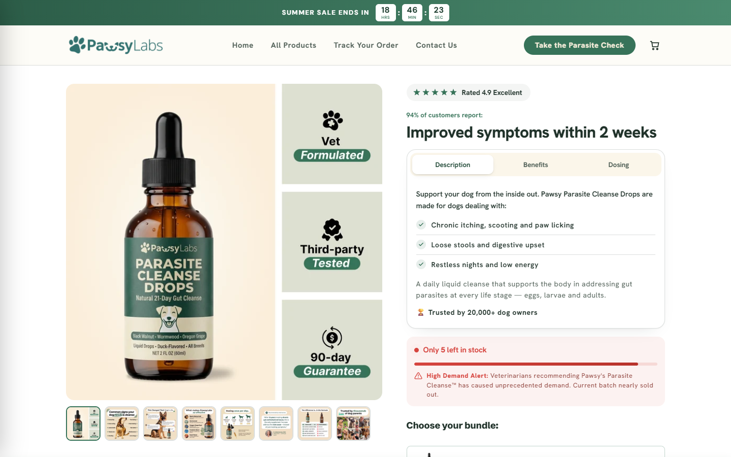 Screenshot of PawsyLabs drops product page showing symptom claims and vet-formulated badge
