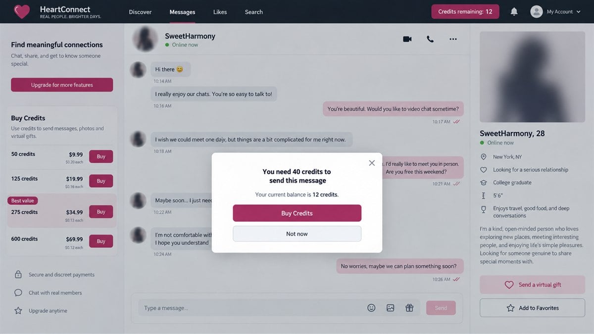 Reconstruction of a pay-per-message dating chat requiring more credits to continue