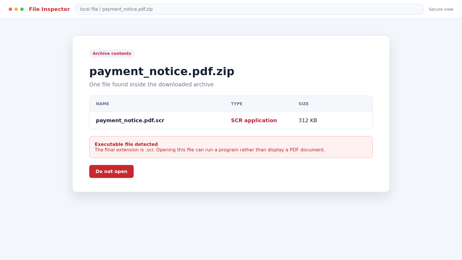 Reconstructed file inspection screen revealing an executable SCR file inside a fake payment notice archive