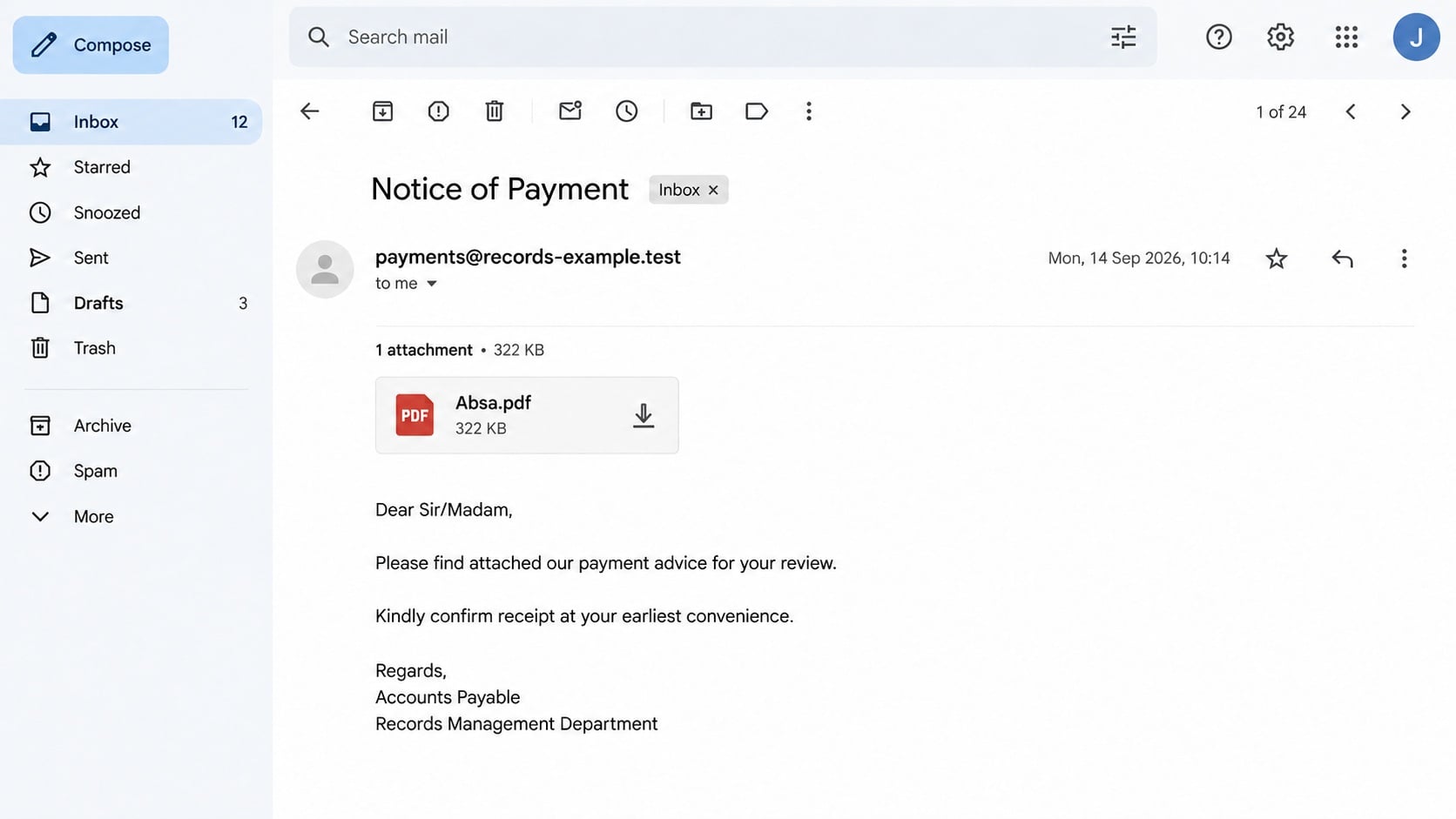 Illustrative Notice of Payment email carrying a PDF presented as bank correspondence