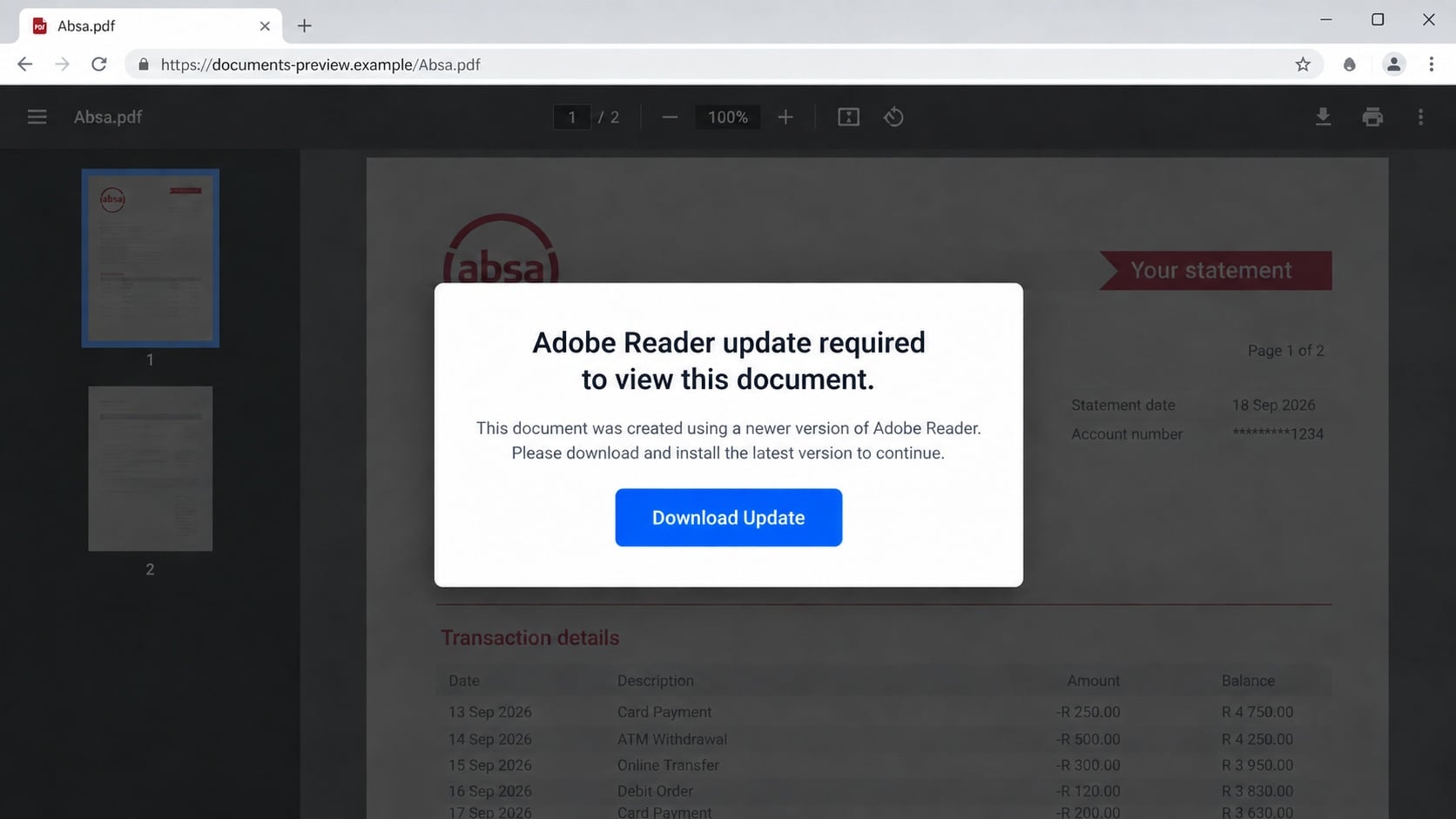 Illustrative PDF viewer with a deceptive Acrobat update prompt instead of payment details