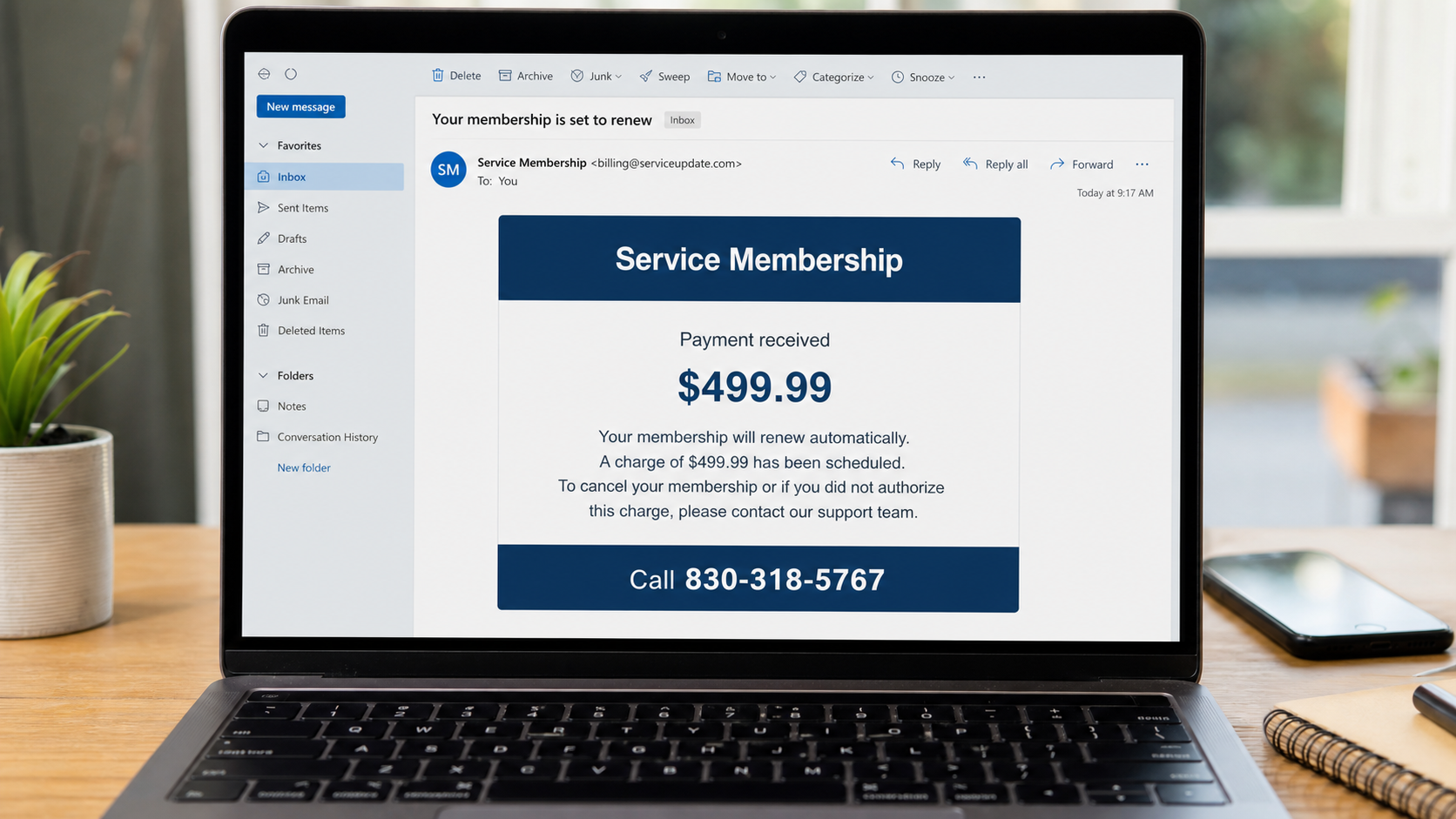 PayPal Service Membership Email Scam: Avoid Calling 830-318-5767 Right Now 1 Realistic reconstruction of the PayPal Service Membership email scam using 830-318-5767