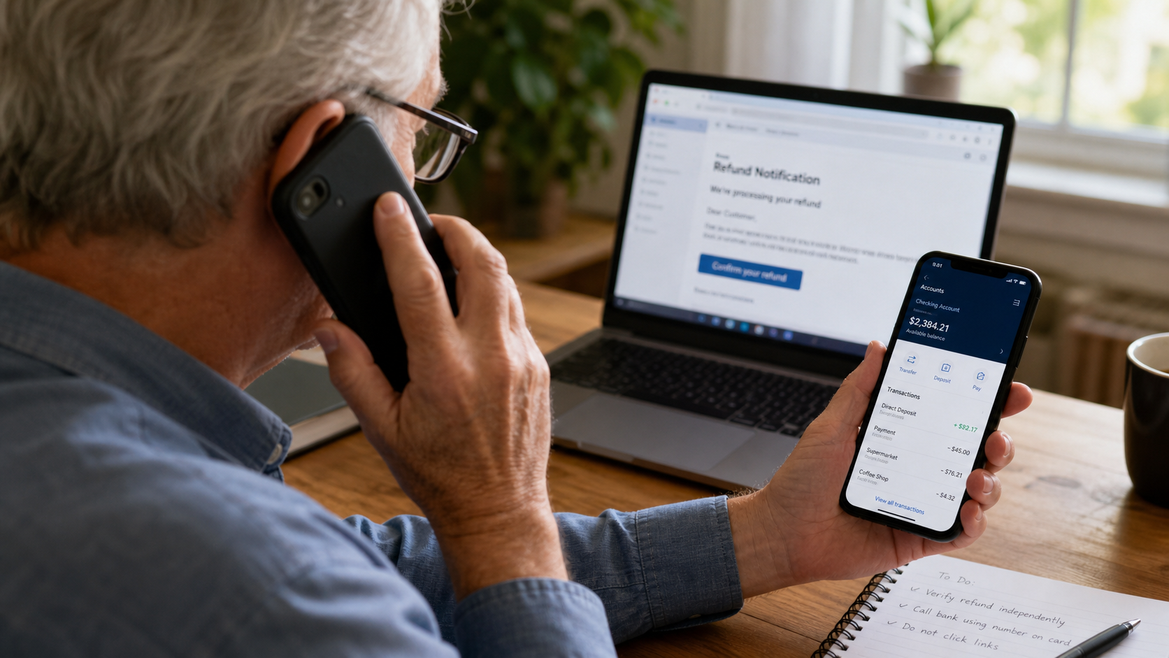Older adult safely verifying a suspicious PayPal refund through the official app while calling the bank independently