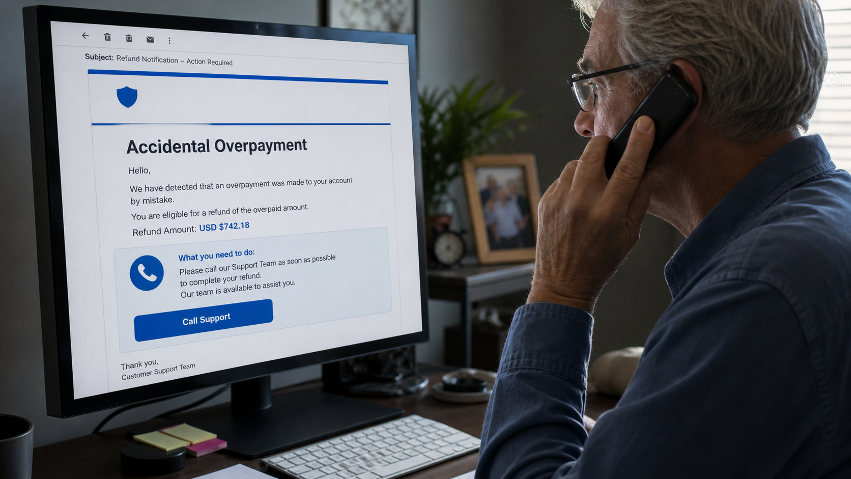 Realistic fake PayPal refund email and support call claiming an accidental overpayment must be returned