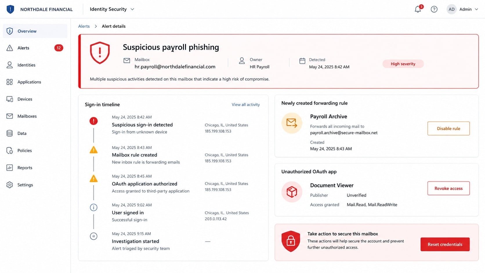 Work account security dashboard after a payroll phishing incident