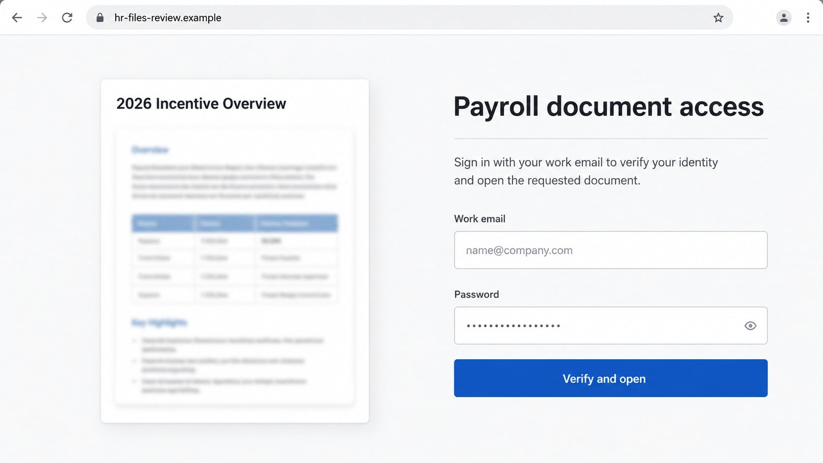Counterfeit employee payroll document login page